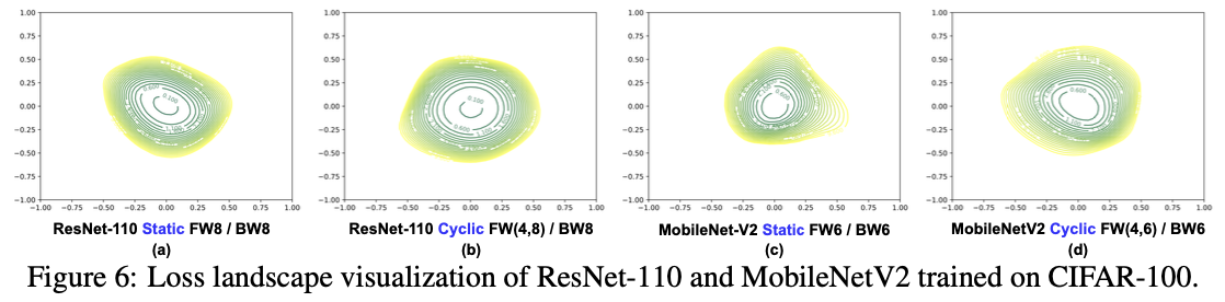 图6：在 CIFAR-100 上训练的 ResNet-110 和 MobileNetV2 的损失景观可视化。